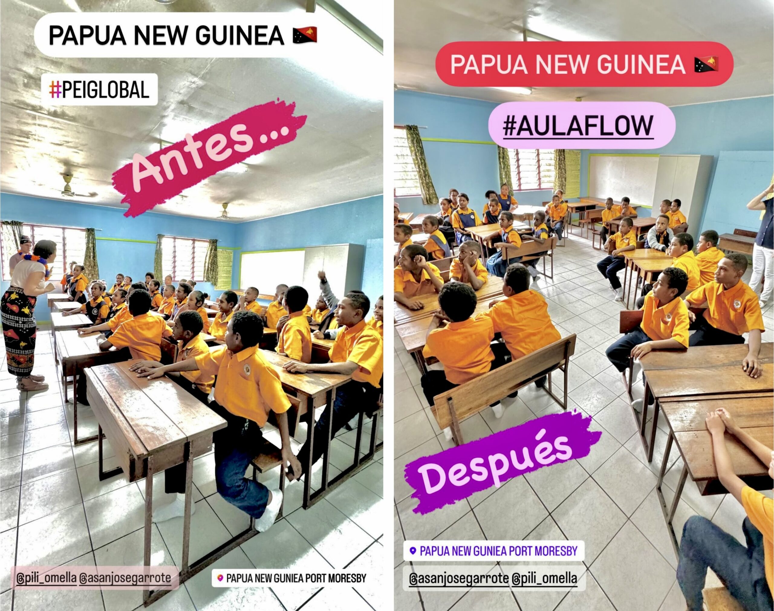 Antes y después: aula en filas (antes) y aula reorganizada en equipos cooperativos (después) en Papua Nueva Guinea